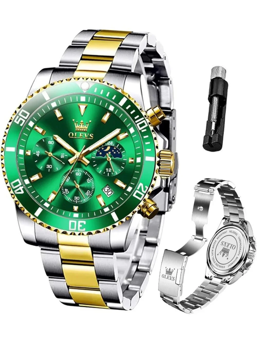 Mens Silver And Green Stainless Steel Chronograph Analog Waterproof Luxury Watch